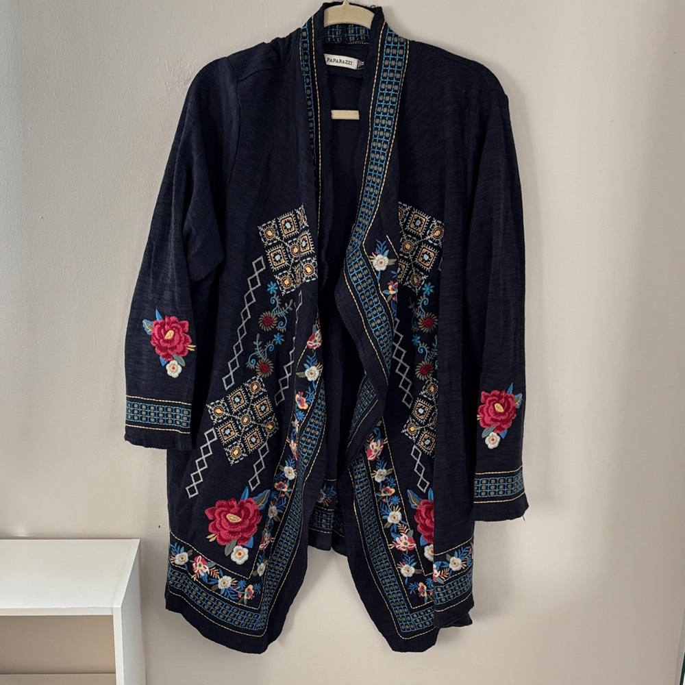Paparazzi Dark Blue Cardigan with Floral Embroidery